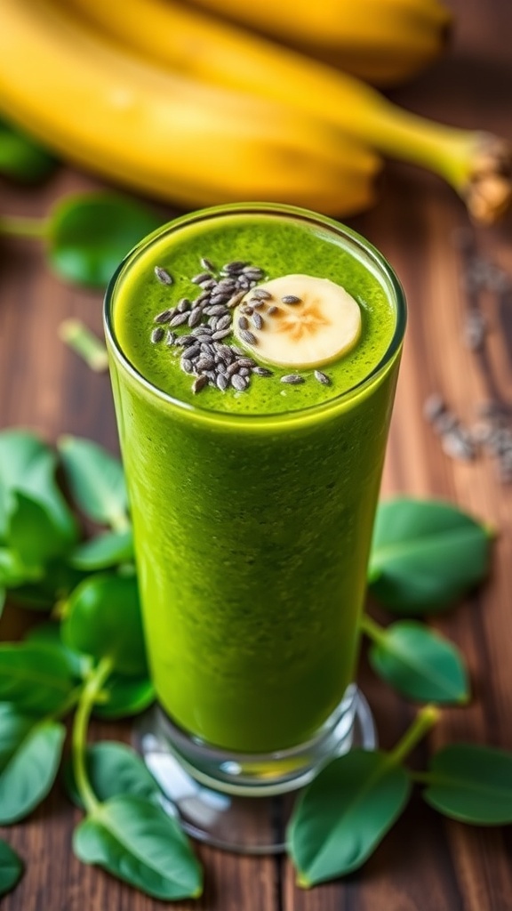 A green meal replacement smoothie with banana and chia seeds on a wooden table.